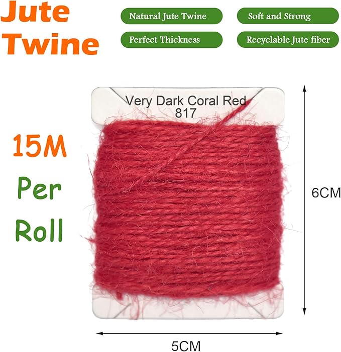 Jute Twine 15m Long Twine String for Crafts Gift Wrapping Packing Gardening Crochet Knitting Macrame Decor (Very Dark Coral Red)