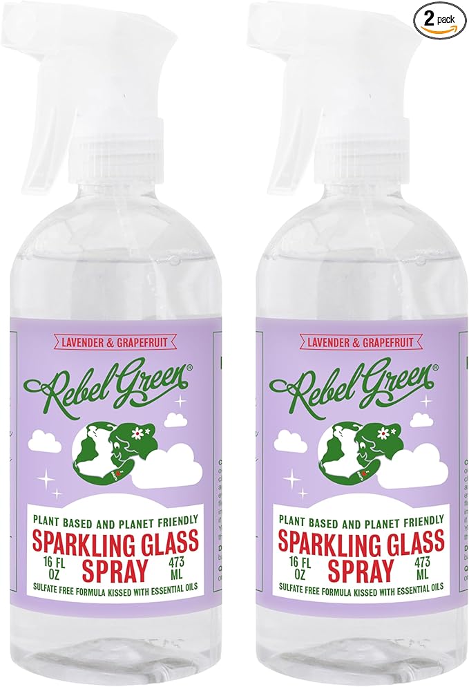 Rebel Green Sparkling Glass Spray - Streak-Free Natural Glass Cleaner for Windows, Mirrors, and Surfaces - Lavender & Grapefruit Scent - 16 oz - 2 Pack