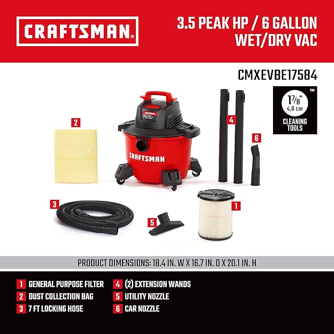 CRAFTSMAN CMXEVBE17584 6 Gallon 3.5 Peak HP Wet Dry Vac, Portable Shop Vacuum Wet and Dry with Filter, Dust Bag, Hose and Attachments for Home, Garage and Automotive Cleaning