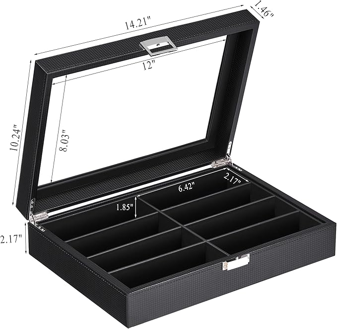 BEWISHOME Sunglasses Organizer, Glasses Organizer, 8-Slot Sunglasses Case for Men, Eyeglasses Storage Box with Clear Glass Top, Smooth PU Leather Interior, Black SSH38C