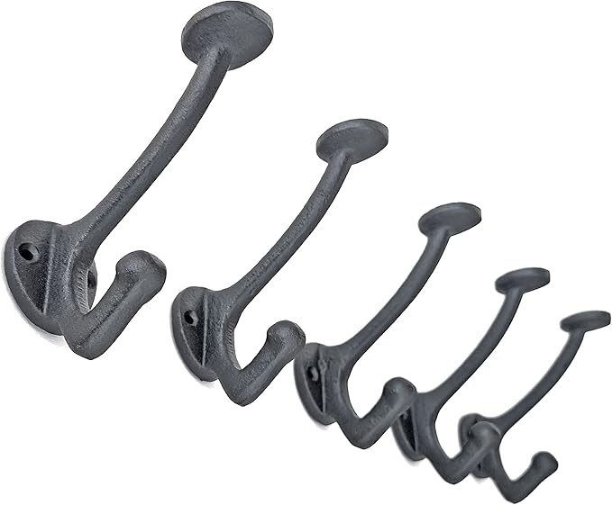Ambipolar 5-Pack Vintage Decorative Cast Iron Wall Mounted Coat Hooks, Heavy Duty Black Hooks for Coats, Hats, Purse, Towels, Modern Farmhouse Decorative Hooks Black