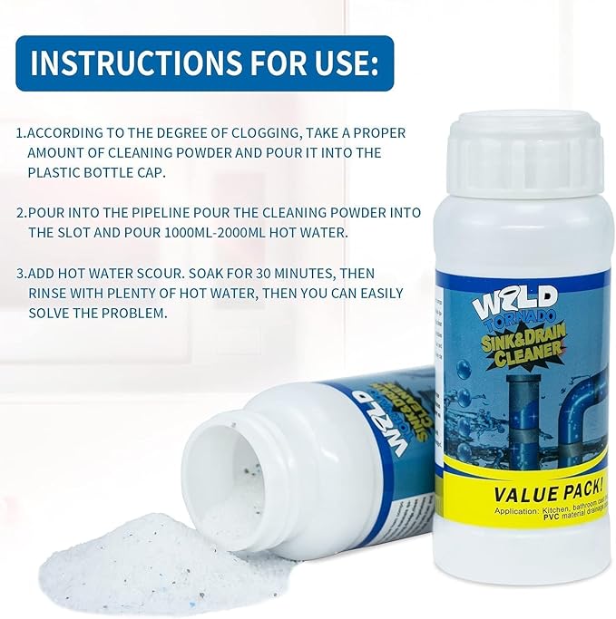 Powerful Fast-Acting Drain Cleaner Powder – Sink and Drain Clog Remover for Kitchen & Toilet Pipes – Deep Cleaning Formula, Fast Foaming, Heavy-Duty Clog Remover（2pcs）