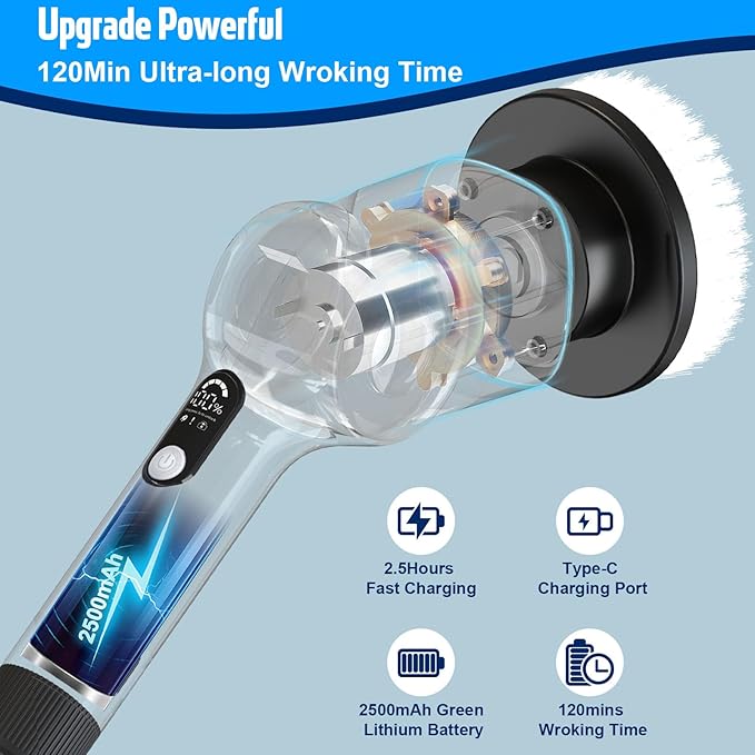 Electric Spin Scrubber,Cordless Cleaning Brush with 8 Replaceable Brush Heads,360°Power Scrubber for Tub and Floor Tile,with 3 Adjustable Speed & Rotatable & Detachable Handle for Bathroom Kitchen Car
