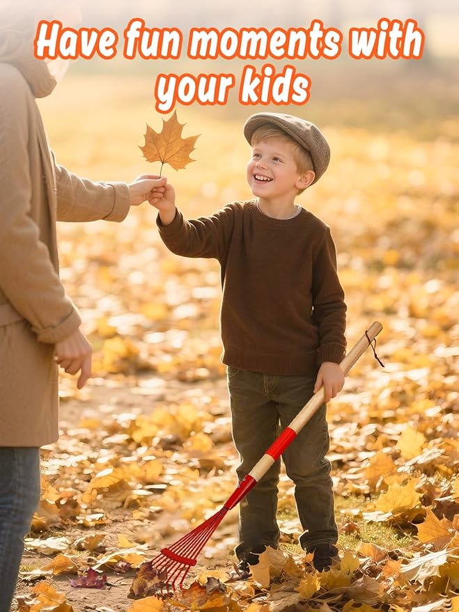 Kids Friendly Rakes for Leaves - 28" Child Size Small Rake with Durable Metal Head & Hardwood Handle, Real Lawn Garden Yard Tools for 3+ Years Kids Enjoy Helping Work Gifts (Red)