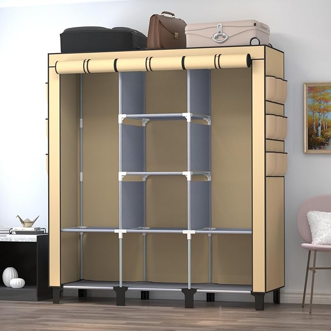 Portable Wardrobe with 10 Storage Racks and 2 Hanging Poles 6 Side Pockets Fleece Cover, Size 130 x 45 x 172 cm, Bedroom Closet Organizer (Beige)