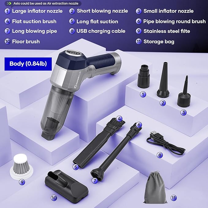 Mini Vacuum Cleaner, 3 in 1 Car Vacuum Cleaner High Power, 15000PA Powerful Suction, Air Duster, 7500mAh, Dual Filter,Adjustable Small Vaccum Portable Cordless for Cars,Desktop - Deep Blue
