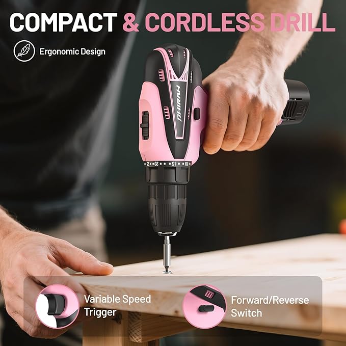 Cordless Drill Set, 12V Power Drill Kit with Battery and Charger, 3/8" Keyless Chuck, 25+1 Torque Setting, Built-in LED, Electric Driver Tool for Home DIY Projects (Pink)