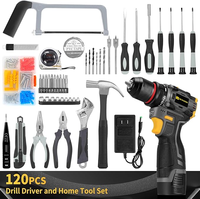 Cordless Drill Tool Set, 18V Brushless Compact Power Drill Kit with 2 Battery, 120 PCS Household Tool Kit with Driver Taladro, Men Electric Taladros Inalámbricos for Daily Home Repair