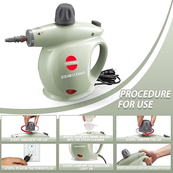 Handheld Steam Cleaner, Pressurized Multi-Surface Steam Shot with 13 Accessories, Safety Lock, Steamer for Cleaning Floor, Upholstery, Grout, Windows, Couch and Car, Green