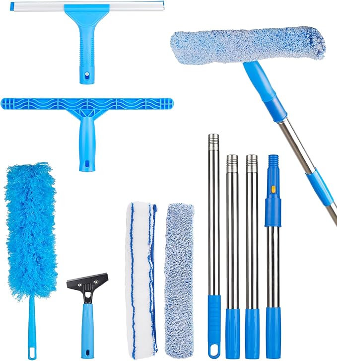 Window Squeegee Cleaner with 4 Stainless Steel Extension Poles,Long Reach to 58inch, Scrubber, Glass Scraper, Bendable Duster, 2 Scrubber Cloth for Window, Car, Professional Cleaning Kit