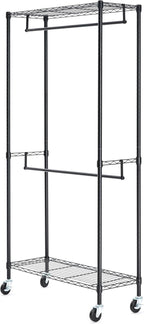 Amazon Basics Adjustable Double Rod Rolling Garment Rack, Hanging Clothes Closet Organizer with Wheels, Heavy Duty, 36" x 14" x 72", Black