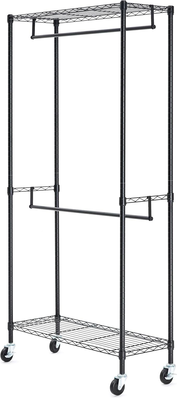 Amazon Basics Adjustable Double Rod Rolling Garment Rack, Hanging Clothes Closet Organizer with Wheels, Heavy Duty, 36" x 14" x 72", Black