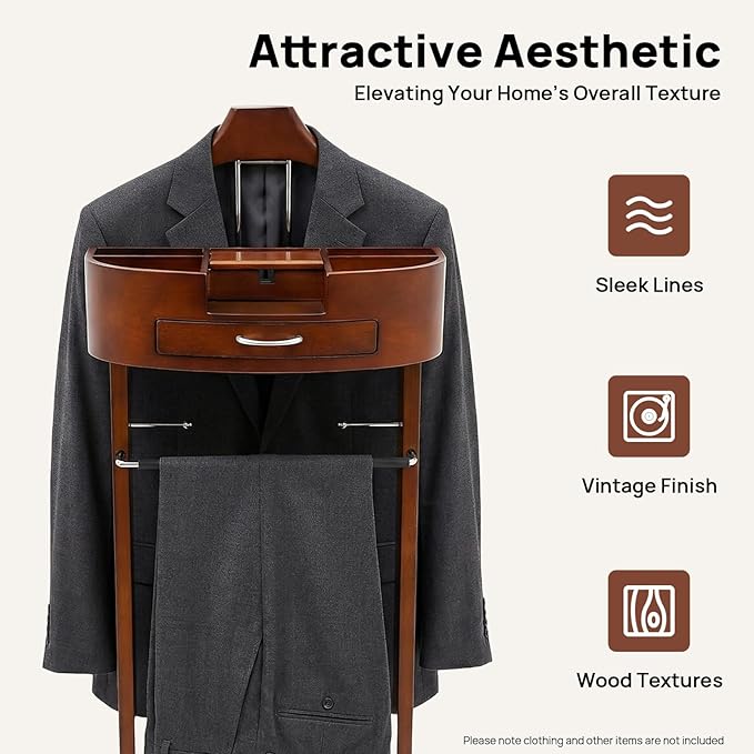 Wood Suit Rack, Freestanding Clothing Valet Stand Valet Stand Suit Racks Freestanding Wood Clothing Valets Stand Rack Organizer Clothes Butler for Bedroom Entryway Home Living Room Office