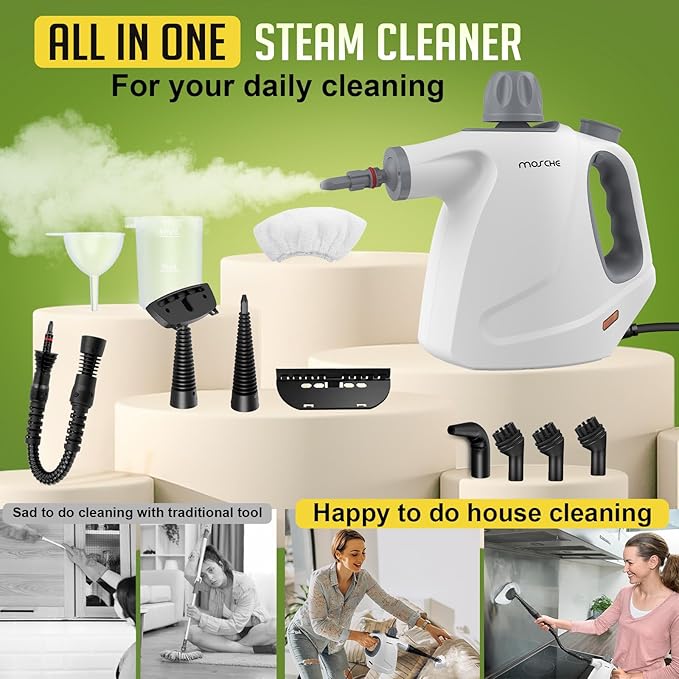 Multi-Surface Handheld Steam Cleaner with 11-Pieces Accessories, 15.2OZ All Natural Pressurized Steamer for Cleaning, Multipurpose Steam Cleaner for Home to Clean Floor, Grout, Tile, Grease and More