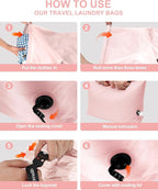 Travel Laundry Bag, Pump Free Vacuum Storage Bag Reusable Compression Dirty Clothes Travel Bag Waterproof Wet Dry Bags Large Capacity Space Saver Bags Camp Clothes Organizer (1 Pcs)(Pink, M)