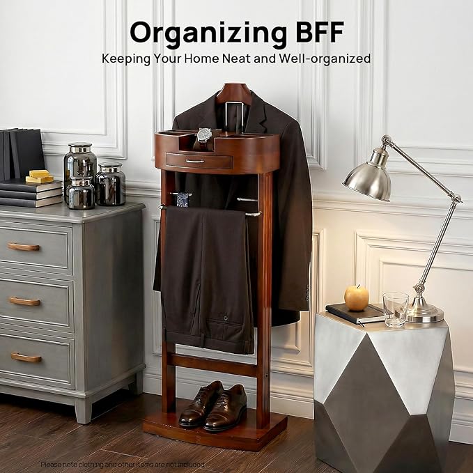 Wood Suit Rack, Freestanding Clothing Valet Stand Valet Stand Suit Racks Freestanding Wood Clothing Valets Stand Rack Organizer Clothes Butler for Bedroom Entryway Home Living Room Office