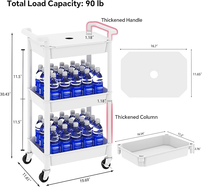3-Tier Utility Rolling Cart with Cover Top Board, Mobile Utility Cart with Lockable Casters Multi-Functional Storage Trolley for Office, Bathroom, Kitchen, Garden, Laundry Room (White)