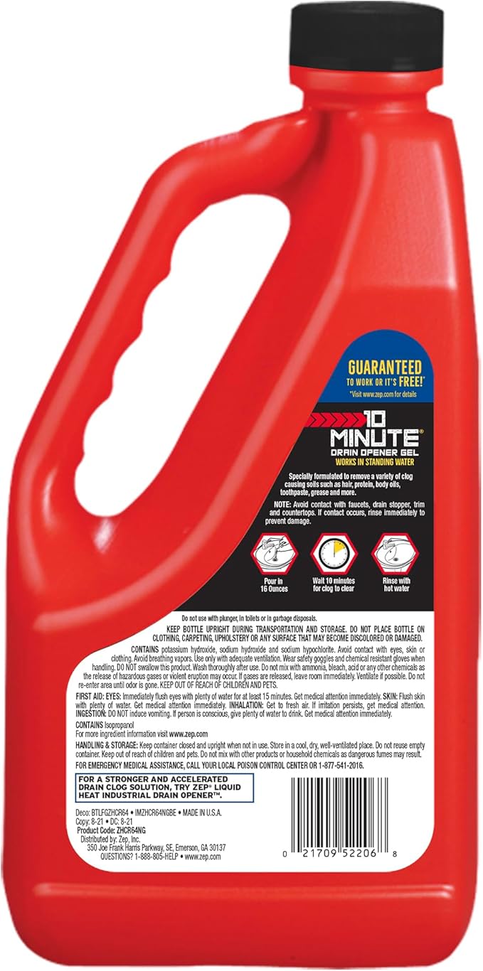 Zep 10 Minute Drain Opener Gel 64 oz (Case of 6) ZHCR64NG - Commercial Strength, Fast Acting and Safe For All Pipes