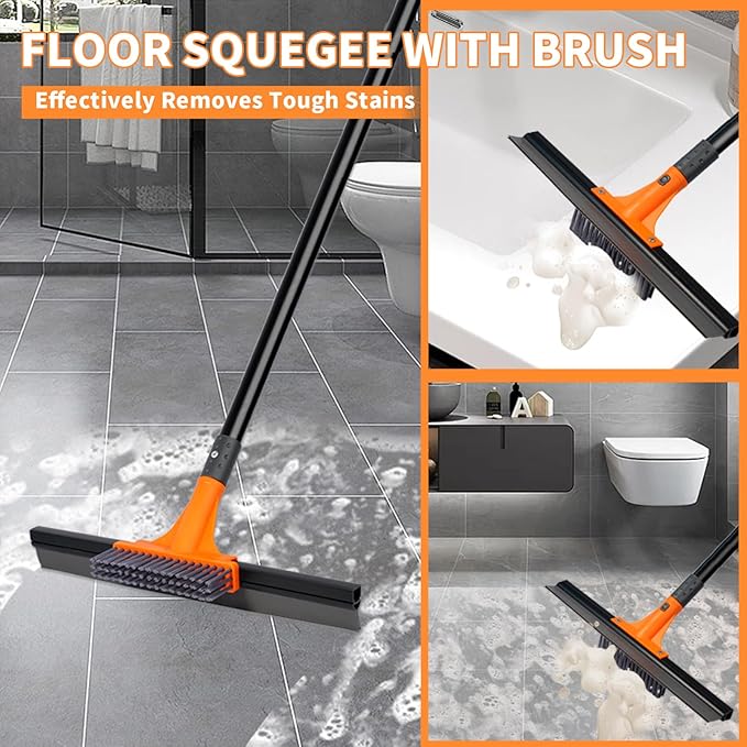 Rubber Floor Squeegee for Concrete Tile Floor, Large Water Squeegee Heavy Duty with Scrub Brush and Long Handle for Cleaning,Squeegee Broom for Window Garage Kitchen Bathroom Deck