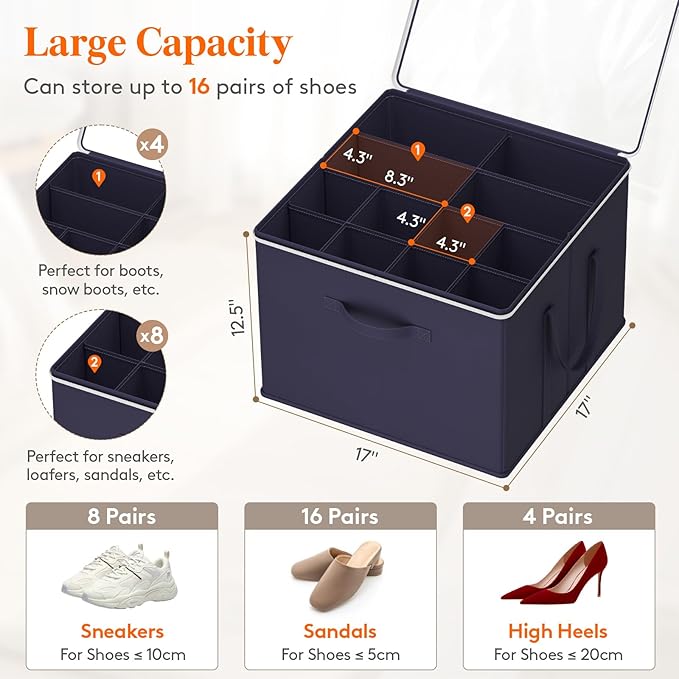 Lifewit 6 Pack Shoe Storage Organizer for Closet, Large Shoe Box Storage Containers with Clear Cover, Foldable Storage Bins Fit for Boots Fits 72-96 Pairs (Each 12-16 Pairs) Blue