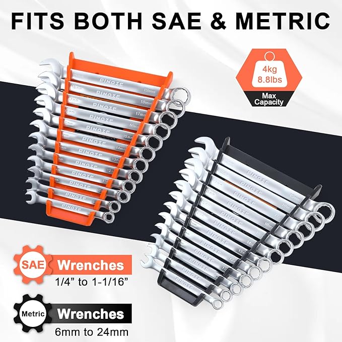 4-Pack Magnetic Wrench Organizer, 48-Slot Wrench Rack Tool Trays, Durable ABS Wrench Holder for Tool Box Drawer Chest, SAE (1/4" to 1-1/16") & Metric (6 to 24mm)