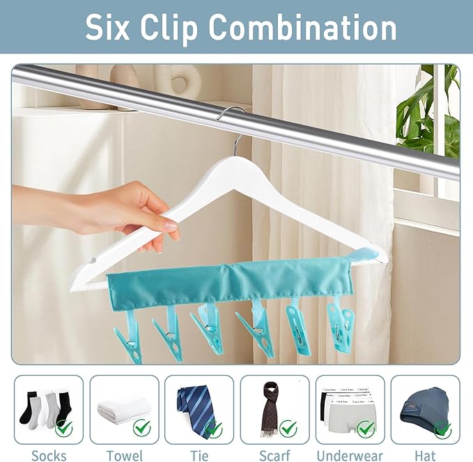 TamBee Portable Hanger Clips Travel Clothesline Travel Hangers Towel Drying Rack Clothing Hanger Folding Portable Sock Dock Swimsuit Drying Rack Hanger with 6 Clips Pack of 3 (Blue)