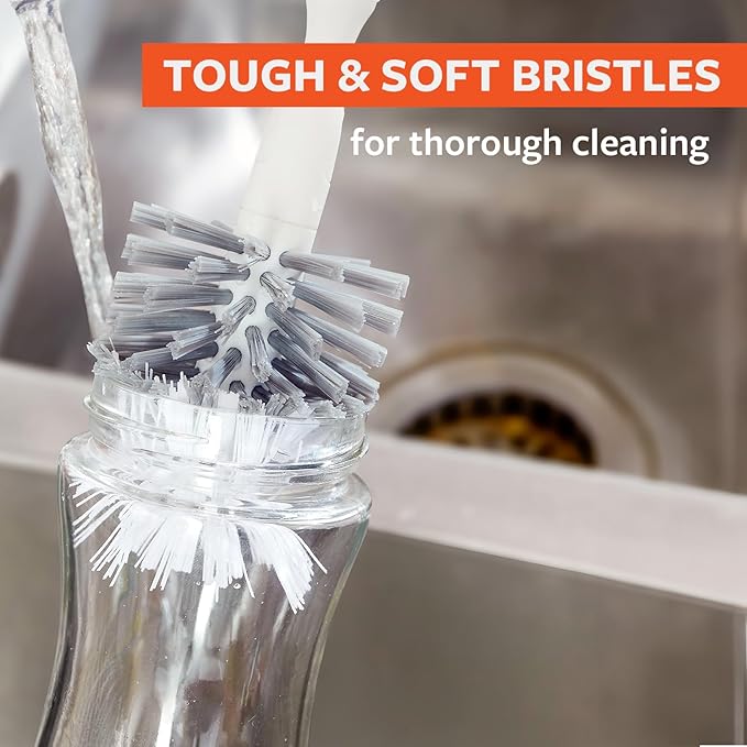 Full Circle Clean Reach Bottle Brush with Replaceable Bristle Brush Head, Bamboo Handle, White