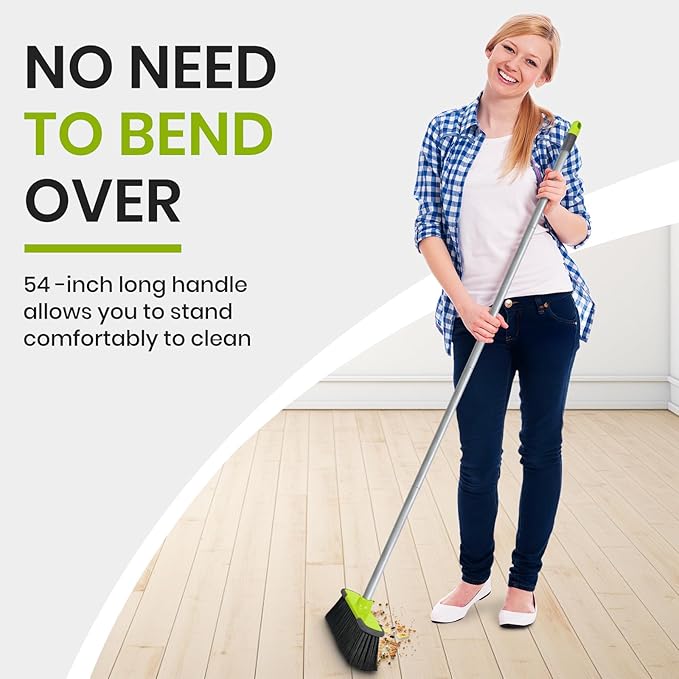 Green Indoor Broom 54" Long Handle House Broom for Floor Cleaning Sweeping Broom for Kitchen, Garage, Lobby, Patio and Garden
