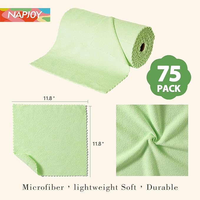 Napjoy Microfiber Cleaning Cloth Roll, 75PK Easy Tear Away Reusable Paper Towels, 12" x 12", Ultra Soft Micro Fiber Dish Cloths for Kitchen, Housekeeping, Window, Car, Garden, Bathroom, Green