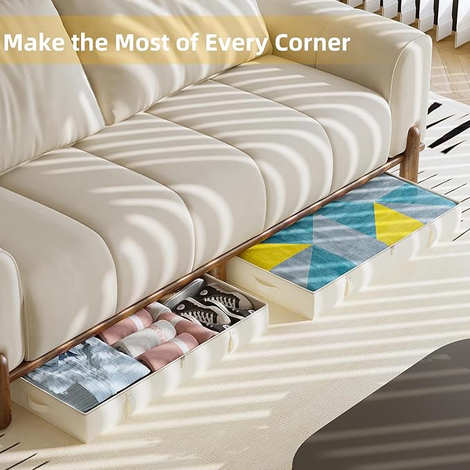 2-Pack Under Bed Storage, 6 Inches Tall Closet Organizers and Storage Bins with Sturdy Sidewalls/Bottom/4 Handles, Beige