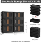 HAIXIN Storage Bins with 6 Lids - 8.4 Gal Closet Cabinet 6 Pack Plastic Stackable Organizers with Front Opening Door Black Foldable Storage Box for Home Garage Office Craft