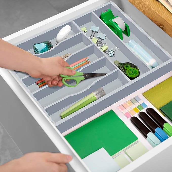 ROYAL CRAFT WOOD Luxury Bamboo Kitchen Drawer Organizer - Silverware Organizer - Utensil Holder and Cutlery Tray with Grooved Drawer Dividers for Flatware and Kitchen Utensils (7 Slot, Gray)