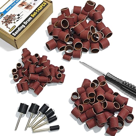 Asieg Tool Sanding Drum Kit 142Pcs 600Grit, 1/2" & 3/8" & 1/4" Diameter Drum Sanding Band with 3.17mm Shank Mandrels for Drill Dremel Rotary Tools Nails Drill