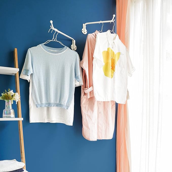 Mkono Wall Mounted Clothes Hanger with Swing Arm Holder Valet Hook Metal Hanging Laundry Drying Rack Space Saver for Closet Organizer, Laundry Room Organization Bathroom, Bedroom,2 Pcs, White