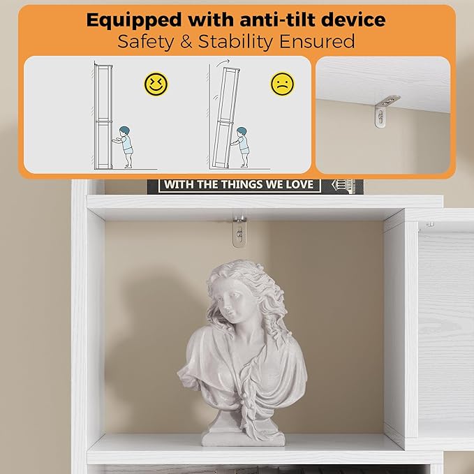 IRONCK 6 Tier Bookshelf and Bookcase with 2 Rattan Design Flip-top Storage Cabinets, 8 Cube Bookcases Display Storage Shelves Organizer for Living Room, 35.4" White