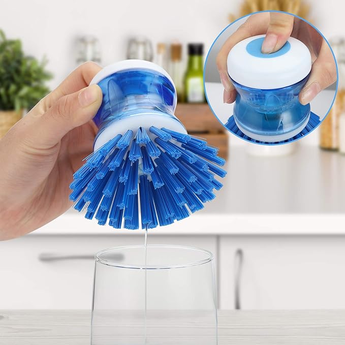 Dish Brush with Soap Dispenser for Dishes Pot Pan Kitchen Sink Scrubbing, Blue 2 Pack