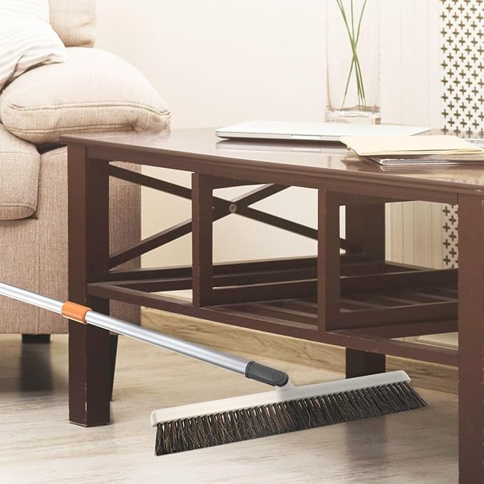 Slim Upright Horsehair Broom 18" – Narrow Thin Dust Broom for Hardwood Floors, Soft Bristles for Dog Hair – Swivel Head with 48" 3-Part Handle – Home & Kitchen Use