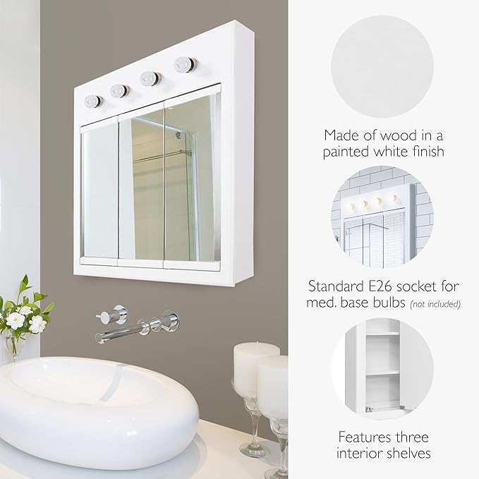 Design House Concord Medicine Cabinet, 3 Mirrored Doors, Pre-Assembled, Surface Mount, 4 Lights, White Wood Frame Wall Cabinet, 30 in W x 5 in D x 30 in H, 532382-WHT