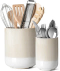 LE TAUCI Utensil Holder for Kitchen Counter, 7.3"+5.4" Fluted Ceramic Utensil Crock Organizer for Countertop, Heavy Large Holder for Spatulas, Spoons, Set of 2, Warm White Glaze