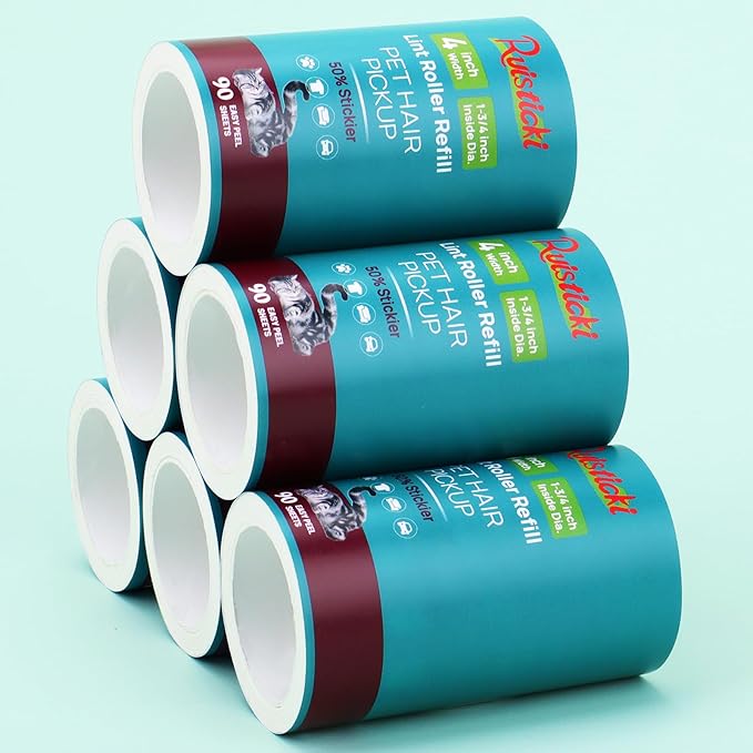4 inch Lint Roller Refills Only for Scotch Brite Lint Roller Pet Hair Pickup Extra Sticky 90 Sheets per Refill 6 Pack - 540 Easy-Tear Adhesive Sheets Total (Inside Dia. 1 3/4 inch)