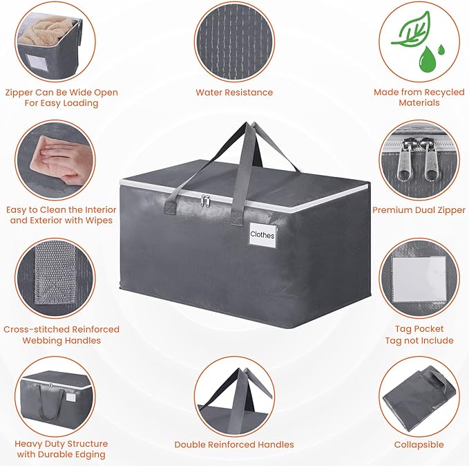 BlissTotes Large Moving Boxes and with Zippers & Handles Moving Supplies with lids, Heavy Duty Totes for Storage Bags for Space Saving, Fold Flat, Moving and Storing, 93L, 10 Pack