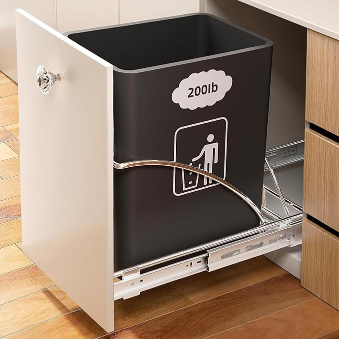 Pull Out Trash Can Under Cabinet, 50Qt 7-13 Gallon Slide-Out Trash Bin Kit with Door Connector & Glass Handle, Under Sink Garbage Can with Bands -Can Not Included (Silver)