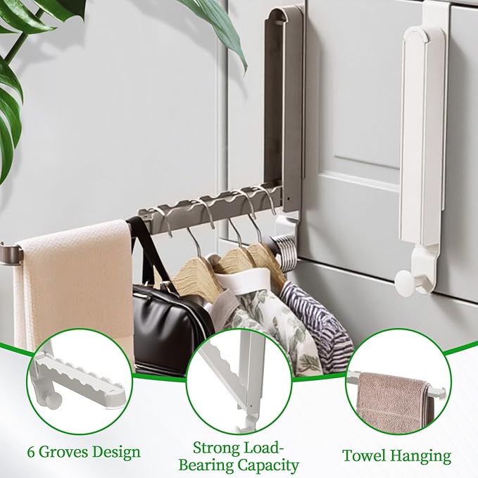 2 Pack Over The Door Hanger Folding Clothes Drying Rack,Fit Door up to 1-3/4" Optimal,Collapsible Foldable Hanging Coat Rack w/Retractable Rod,Clothing Hanger Hook for Laundry Room (Gun Gray)