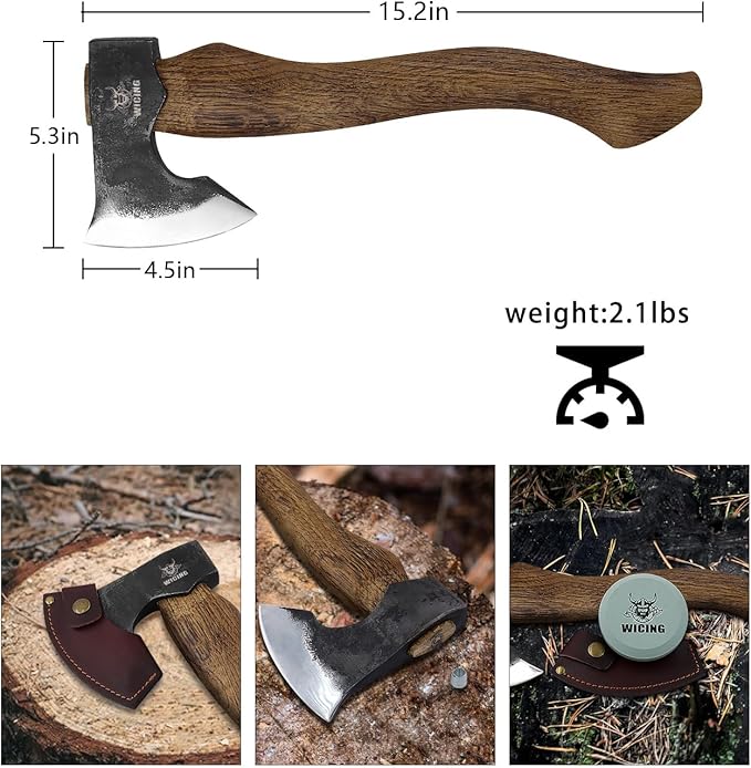 Camping Hatchet - 15.2 inches Chopping Axe for Wood Splitting and Kindling, 1065 High Manganese Steel and Beech Wooden Handle, with Leather Sheath