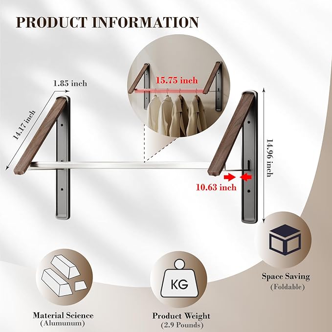 Retractable Wall Mounted Drying Rack - Foldable Clothes Hanger in Walnut or Oak Color for Laundry Room, Closet & Balcony (Walnut, 2 Racks + Rod)