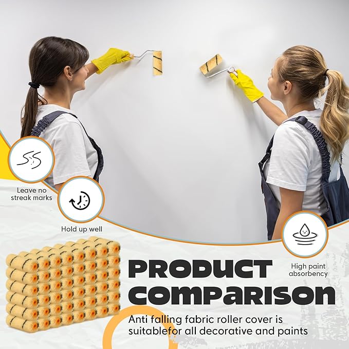 Leumoi 300 Pcs 4 Inch Mini Paint Roller Cover 1/2" Nap Small Microfiber Roller Covers Home Repair Tools House Household Supplies Kit (Black, Yellow)