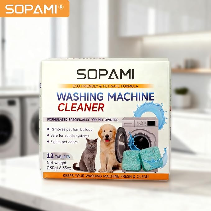 SOPAMI Washing Machine Cleaner Tablets for Pet Owners, Deep Cleaning HE Front Load and Top Load Washer, Septic Safe, Removes Stubborn Pet Hair and Odors