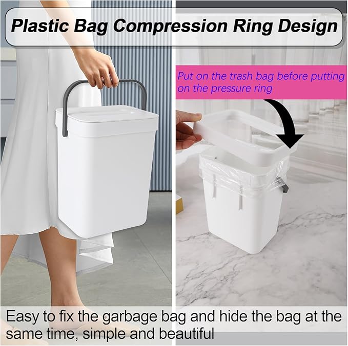 Compost Bin Kitchen, Bring 5 Rolls (100) of Garbage Bags, for Use on Countertops or Under Sinks, Hanging Trash Can with Lid, for Cupboard/Bathroom/Bedroom/Office/Camping(White 0.8 Gallon/3L)