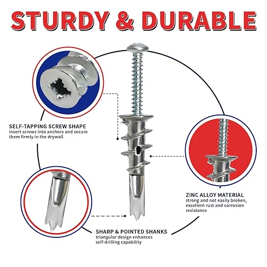 Drywall Anchors and Screws Kit, 200 Pcs Self Drilling Drywall Anchors, 100 Pcs Zinc Sheetrock Anchors and 100 Pcs #8 x 2 Metal Screws, Heavy Duty Wall Anchors, 75 Lbs Hanging Mounting