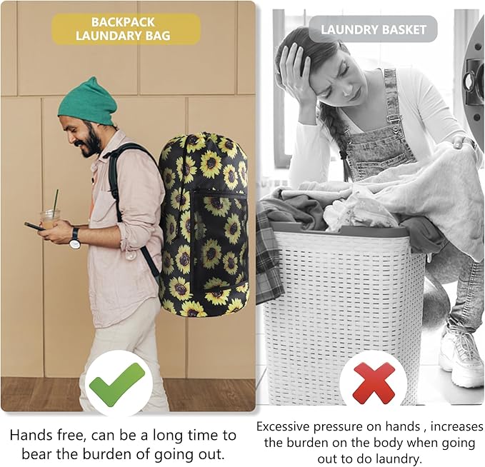 Laundry Bag Backpack, Extra Large Travel Laundry Bag with Mesh Pocket & Adjustable Shoulder Straps,Dirty Clothes Travel Bag for College Students Dorm,Apartment(Sunflower)